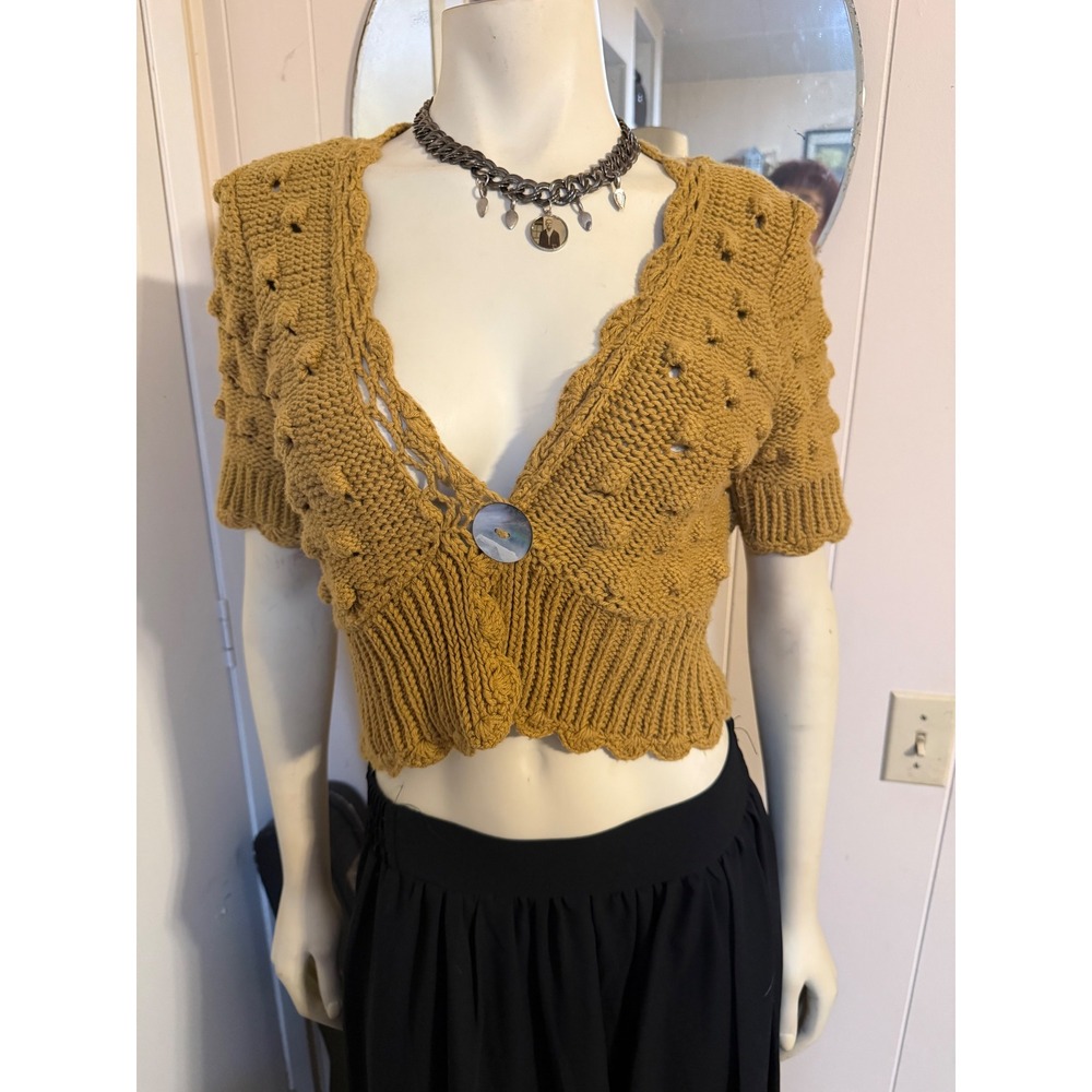 Pure Handknit Mustard Yellow Cotton Popcorn Knit Cropped Cardigan Sweater SM